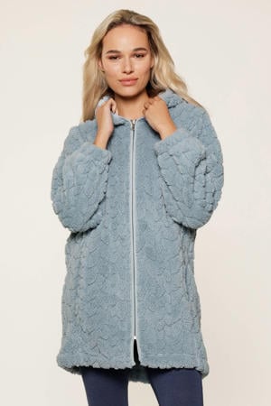 fleece badjas met capuchon en ritssluiting lichtblauw