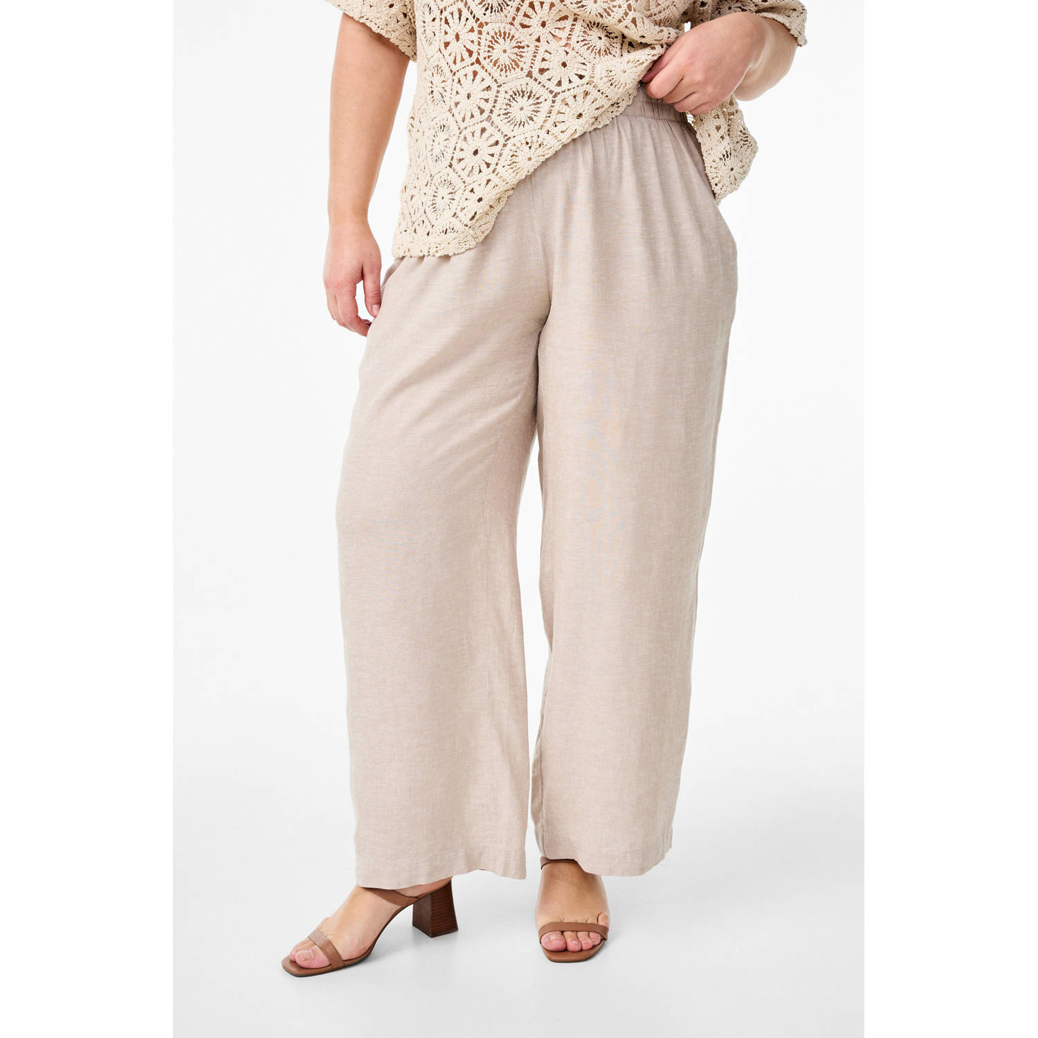 Zizzi linnen wide leg high waist broek beige