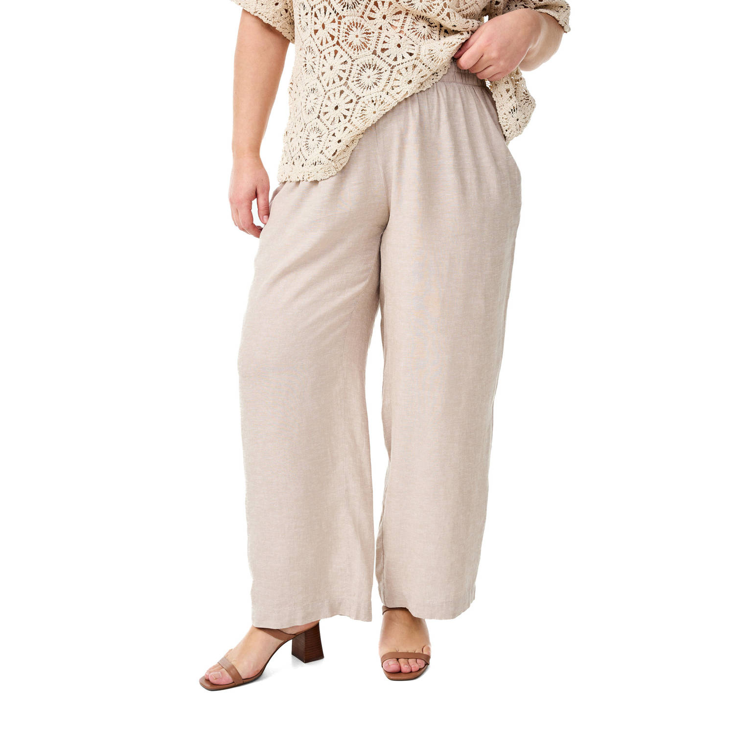 Zizzi linnen wide leg high waist broek beige