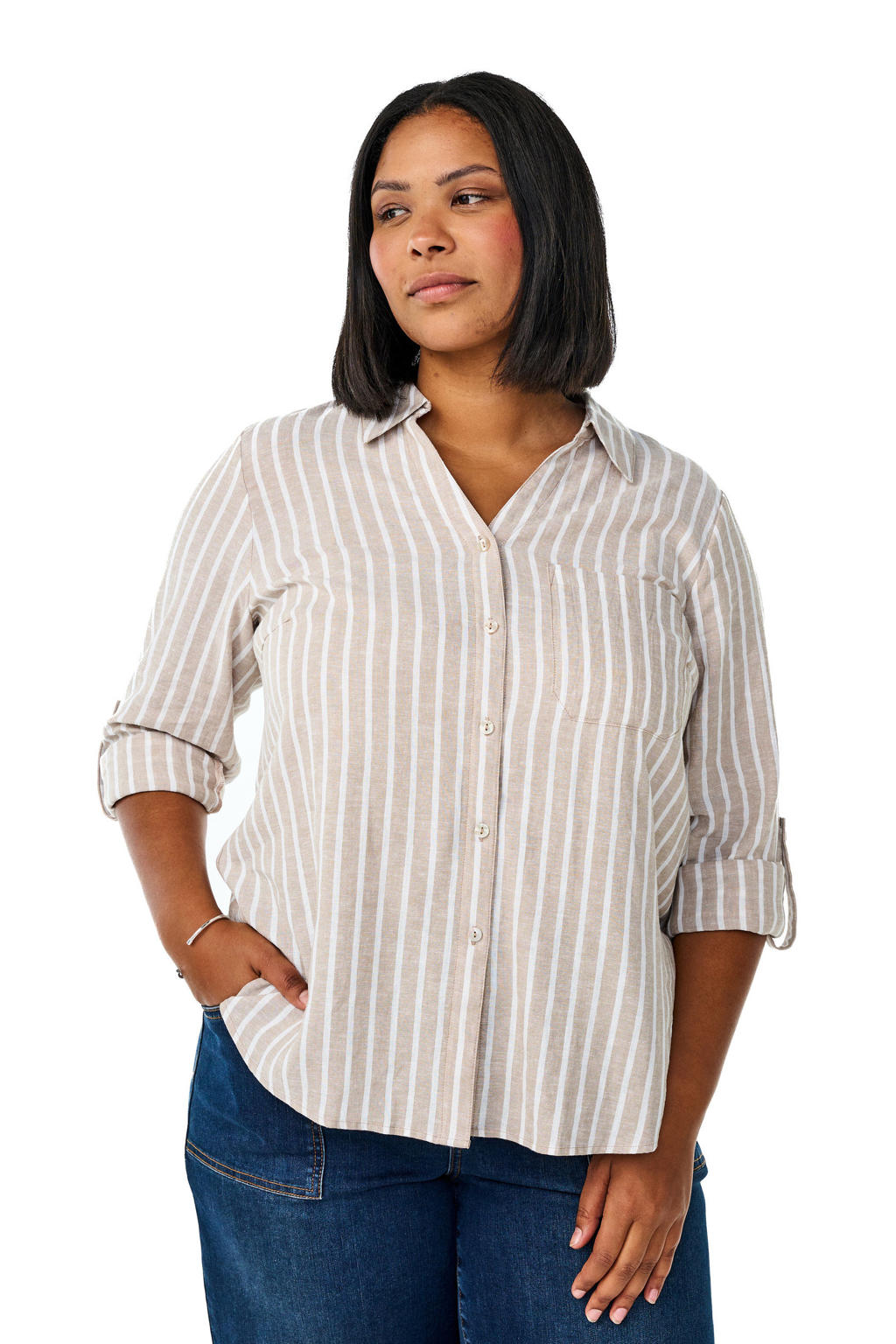Beige en witte dames Zizzi linnen blouse met strepenprint, half lange mouwen, klassieke kraag en knoopsluiting