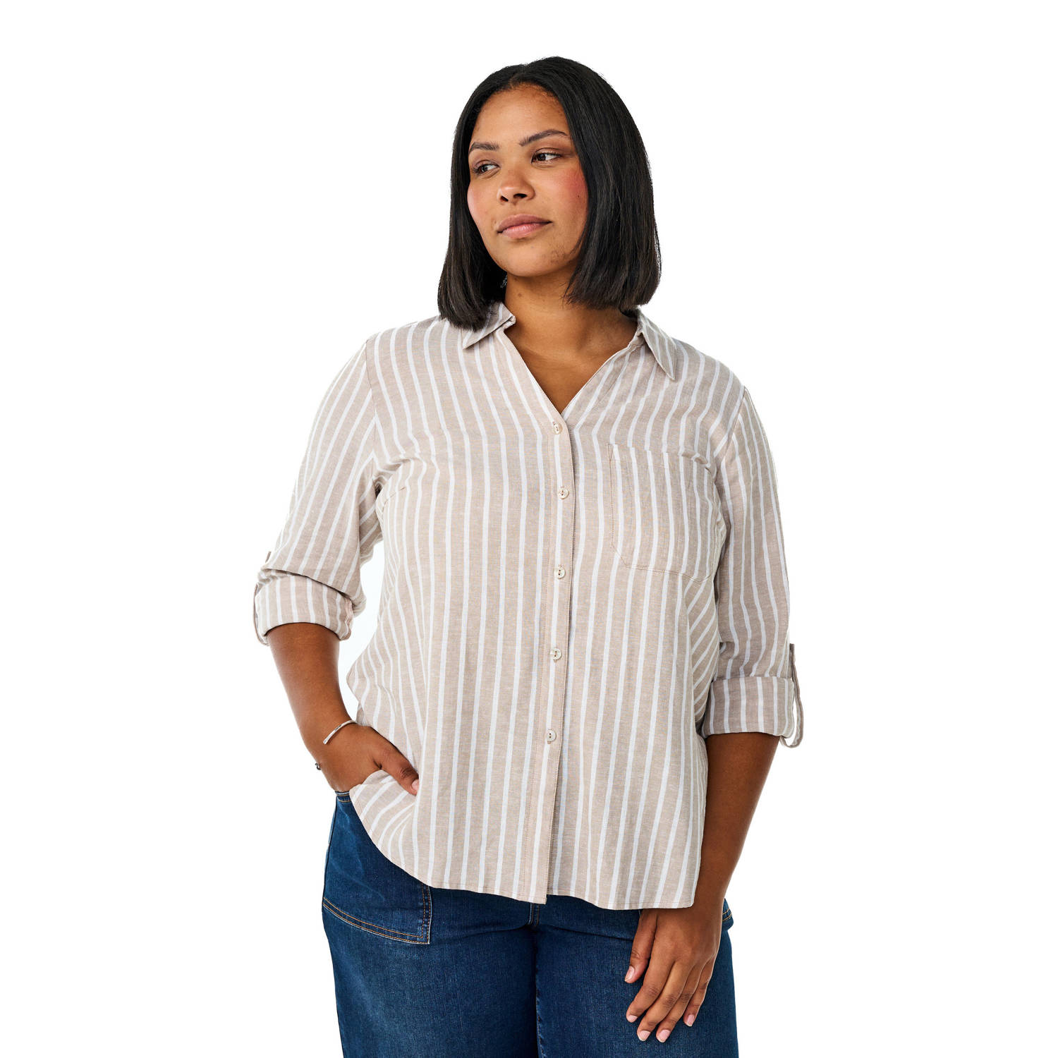 Zizzi linnen blouse beige wit