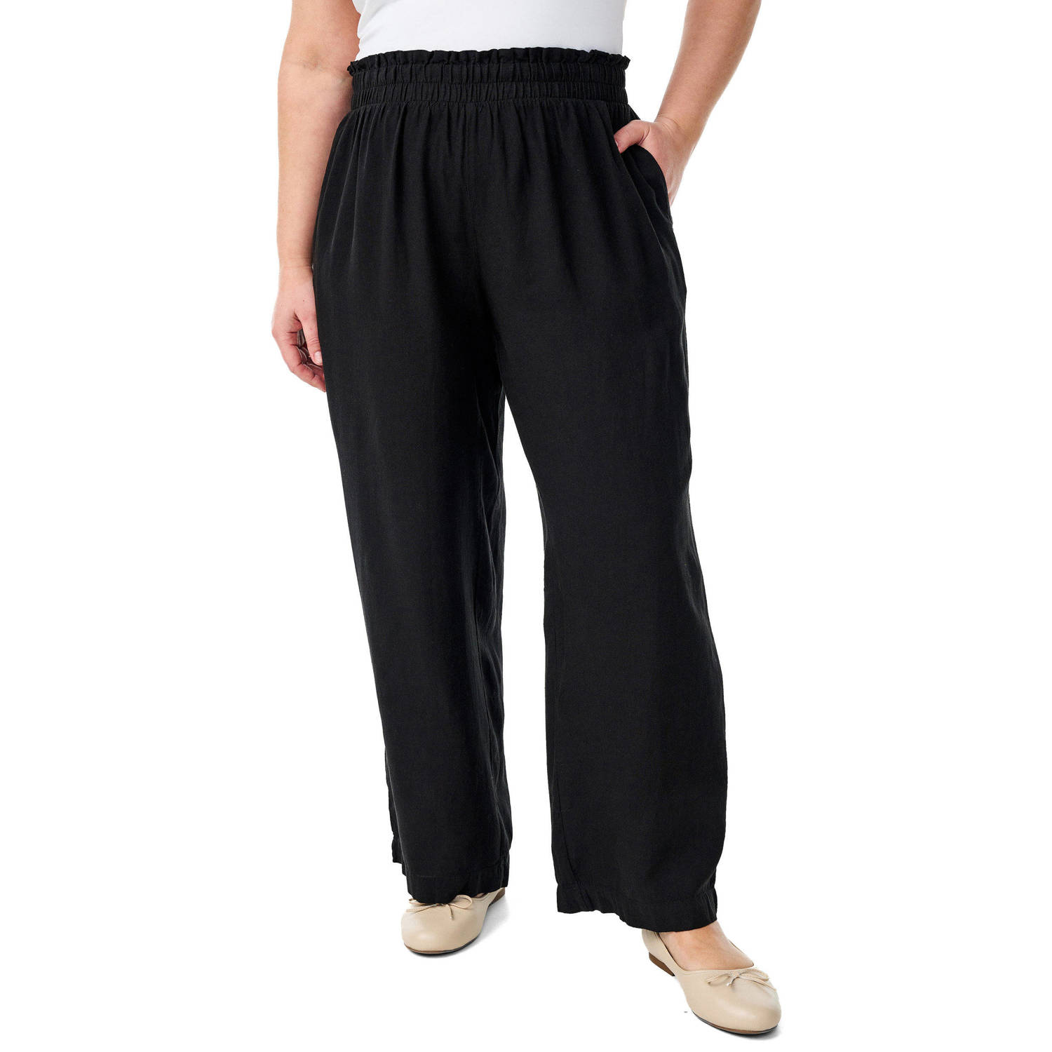 Zizzi linnen wide leg high waist broek zwart