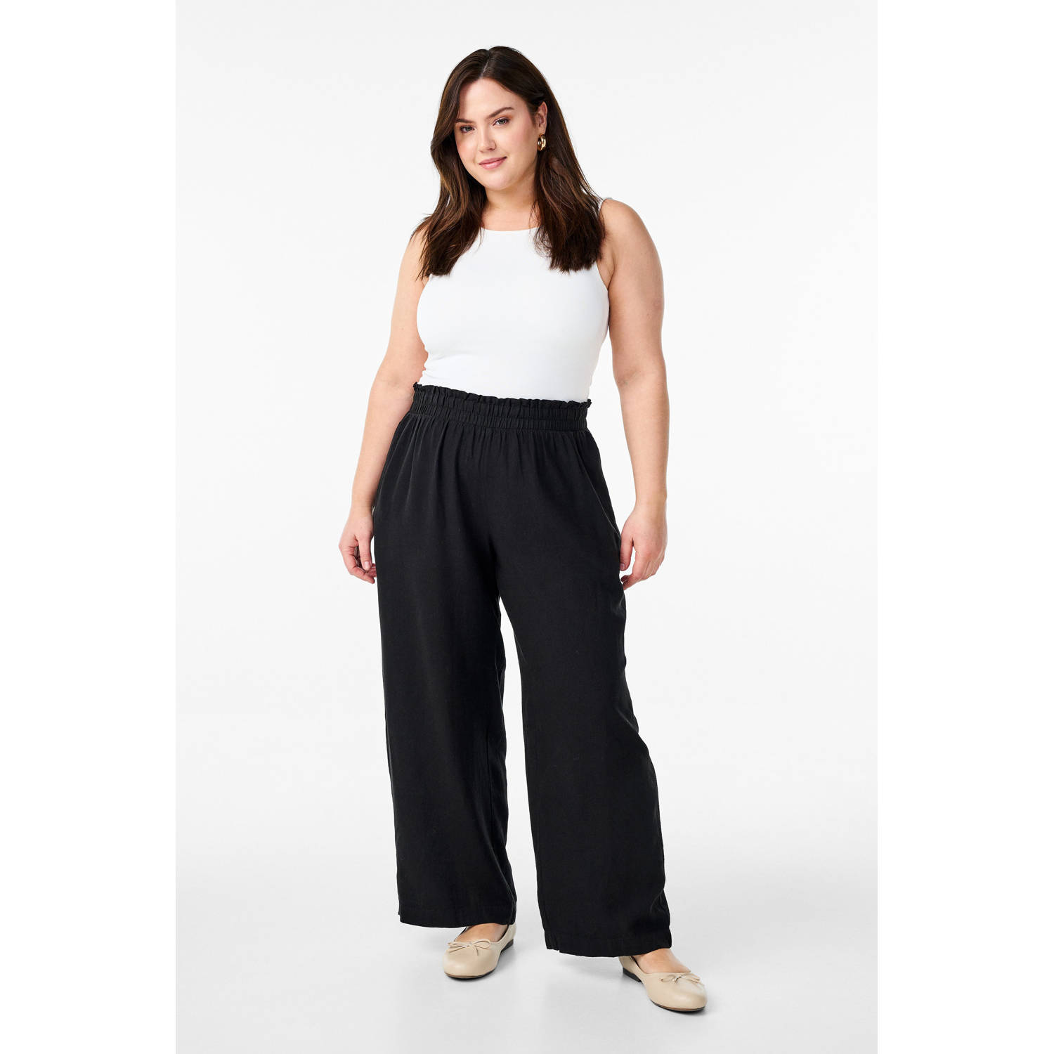 Zizzi linnen wide leg high waist broek zwart