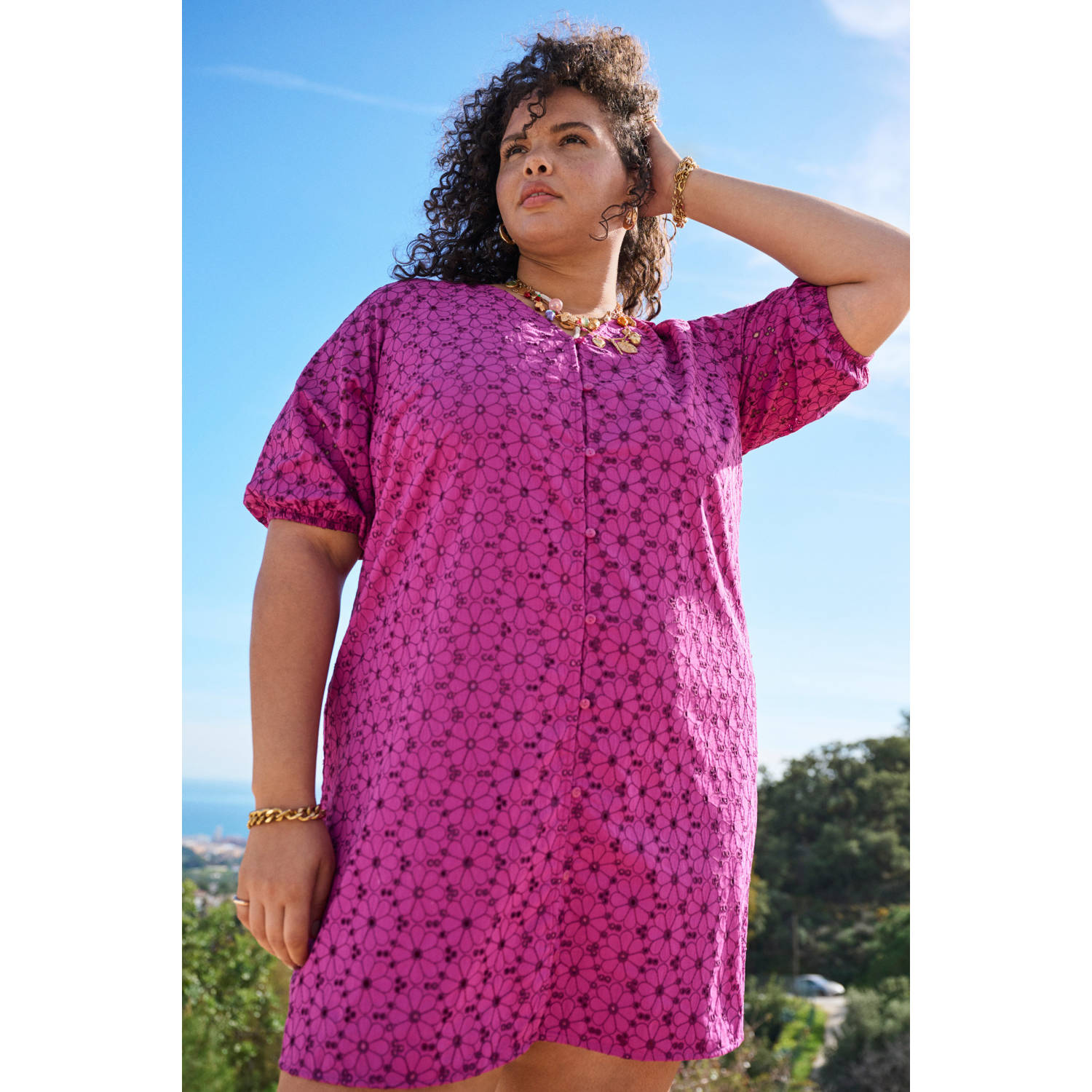 Zizzi korte jurk broderie violet
