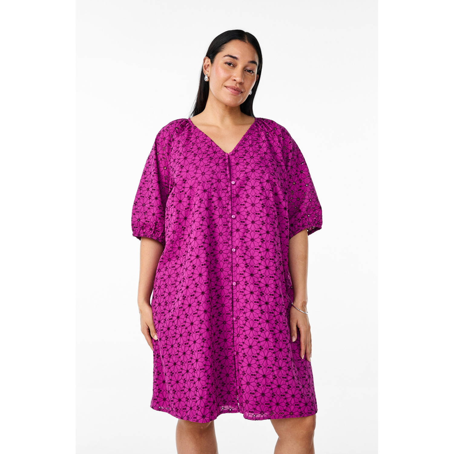 Zizzi korte jurk broderie violet