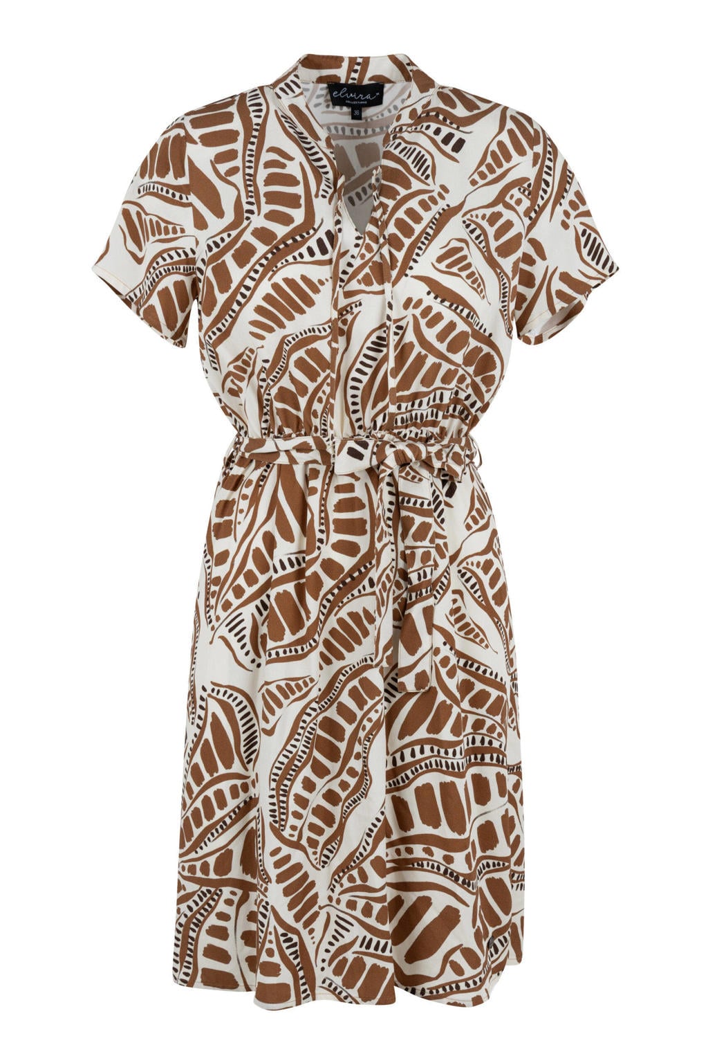 Lichtbruin en witte dames Elvira Collections zomerjurk van viscose met korte mouwen, V-hals en ceintuur