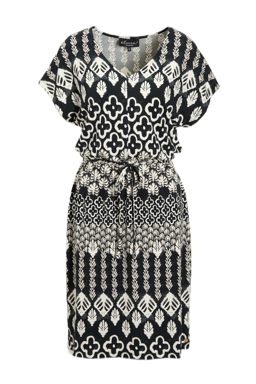 Zwart en witte dames Elvira Collections zomerjurk van viscose met korte mouwen en V-hals