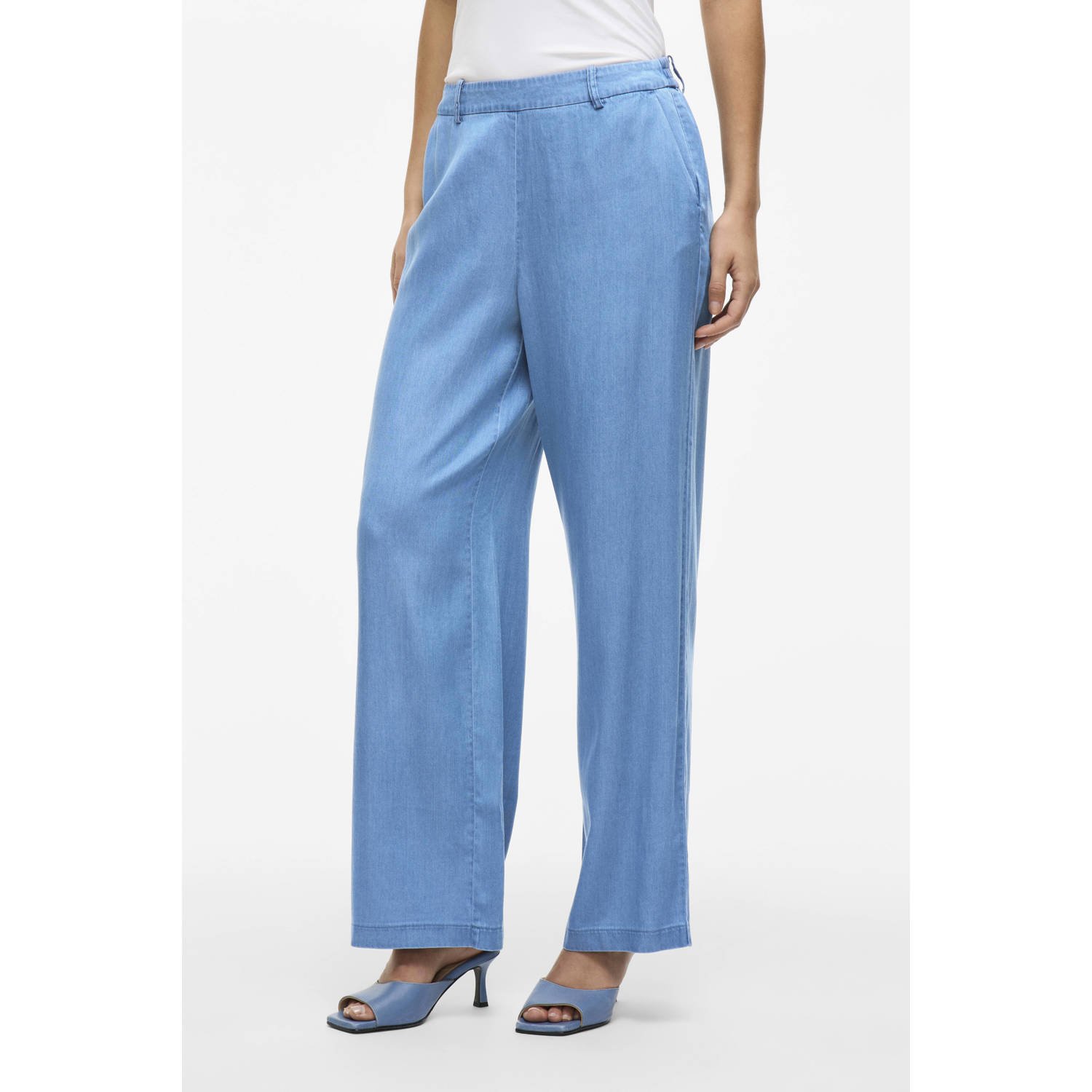 VILA wide leg high waist casual broek medium blue denim