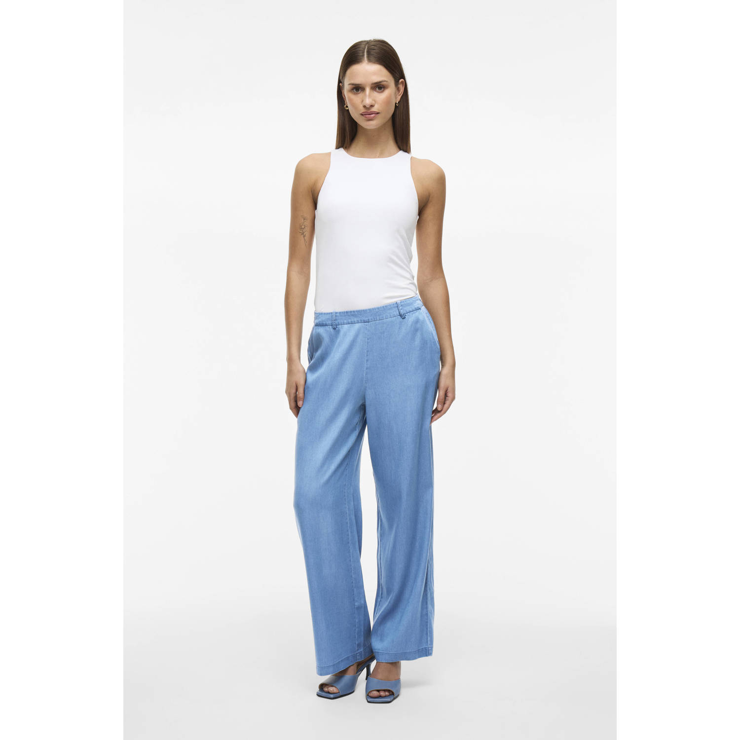 VILA wide leg high waist casual broek medium blue denim