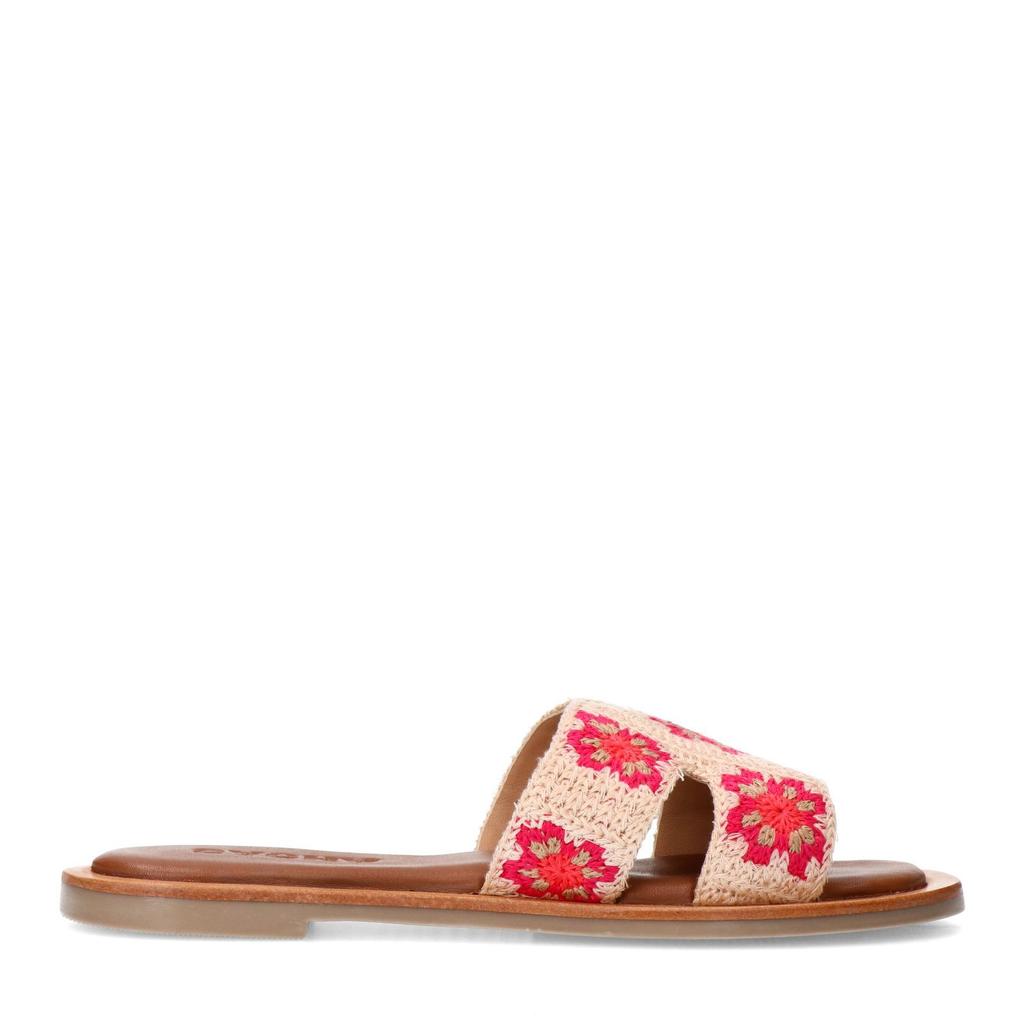 Beige en rode dames Sacha slipper van textiel