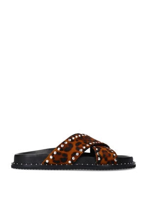 leren slippers met panterprint cognac