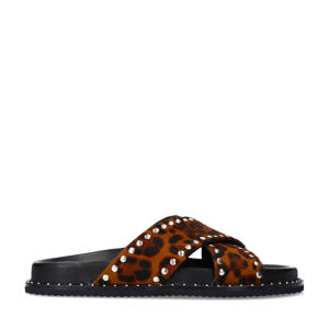 leren slippers met panterprint cognac