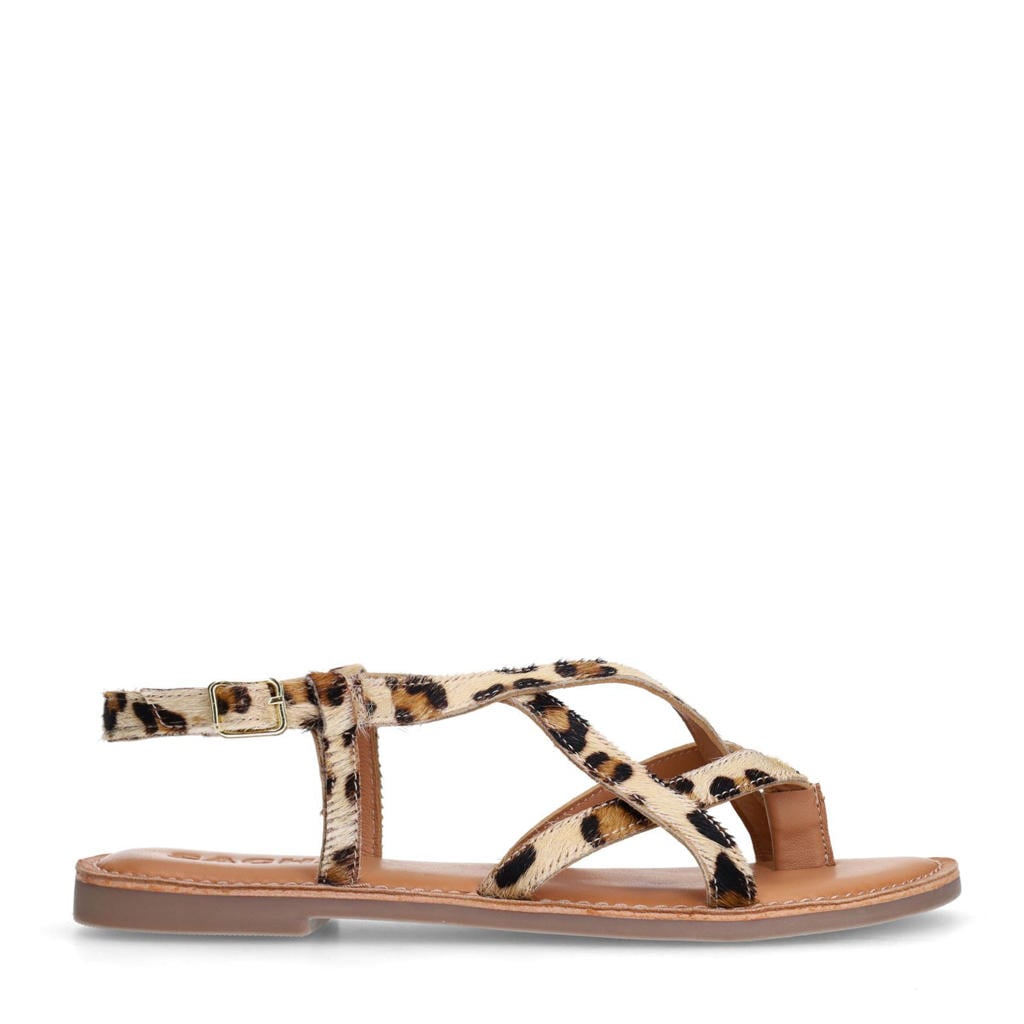Beige dames Sacha leren sandalen met gesp en panterprint