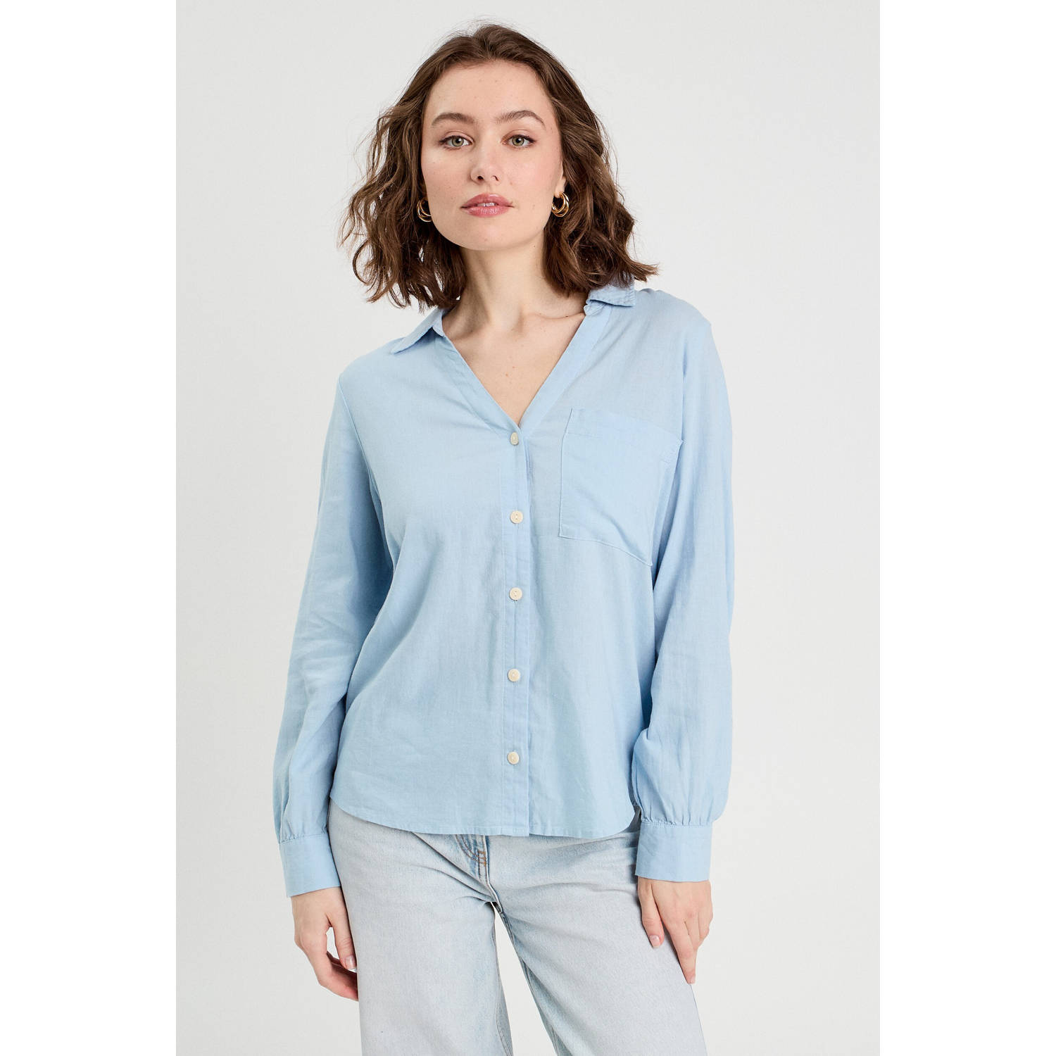 Cache blouse met linnen lichtblauw