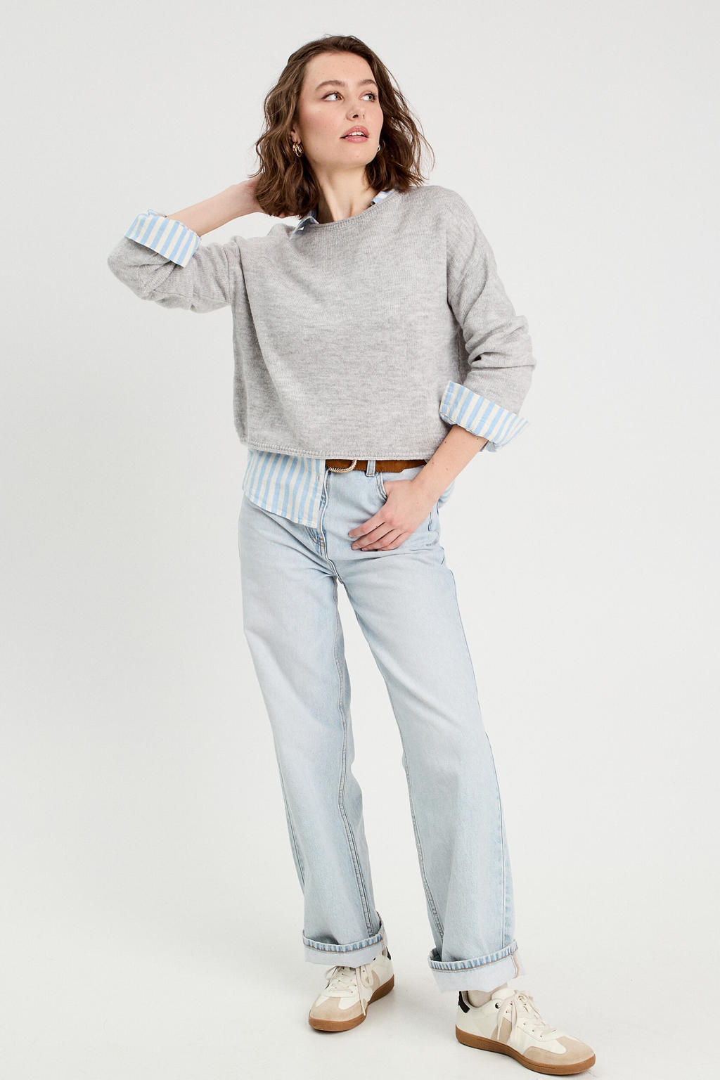 Lichtblauwe dames Cache Cache linnen blouse met effen, lange mouwen, V-hals en knoopsluiting