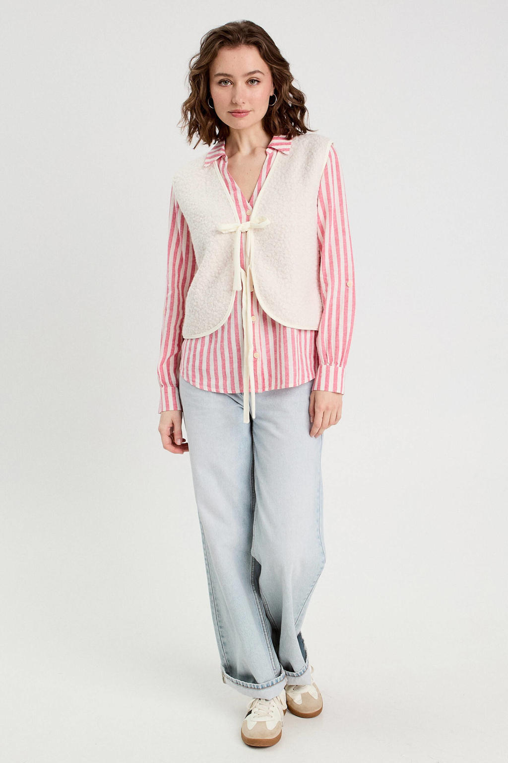 Rood en ecru dames Cache Cache linnen blouse met effen, lange mouwen, V-hals en knoopsluiting