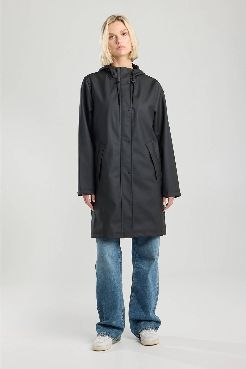 Zwarte dames America Today regenjas van polyester met effen, lange mouwen, capuchon en 2-way rits