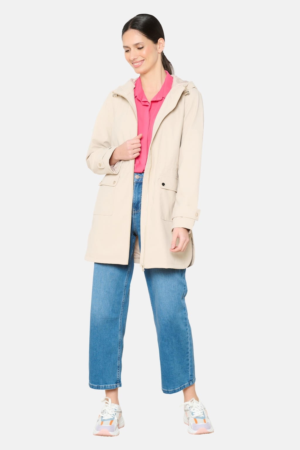 Beige dames LOLALIZA zomerjas van polyester met effen, lange mouwen en capuchon