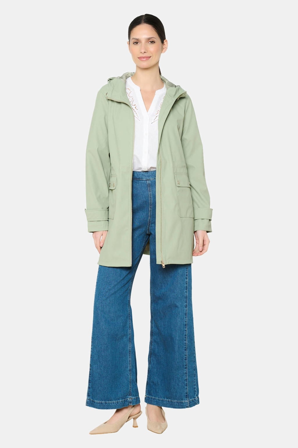 Lichtkaki dames LOLALIZA zomerjas van polyester met effen, lange mouwen en capuchon