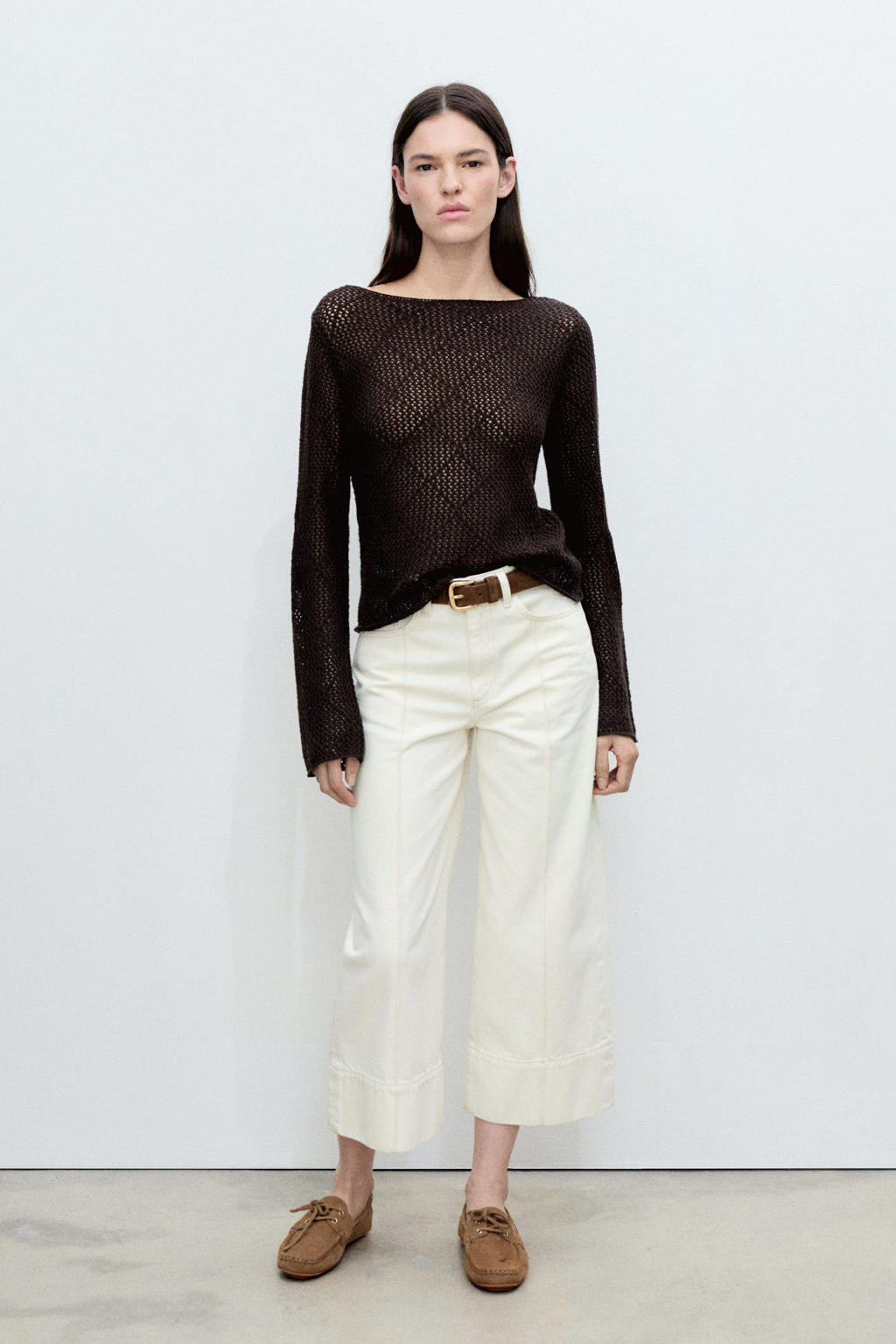 Donkerblauwe dames Mango trui crochet van katoen met effen, lange mouwen en boothals