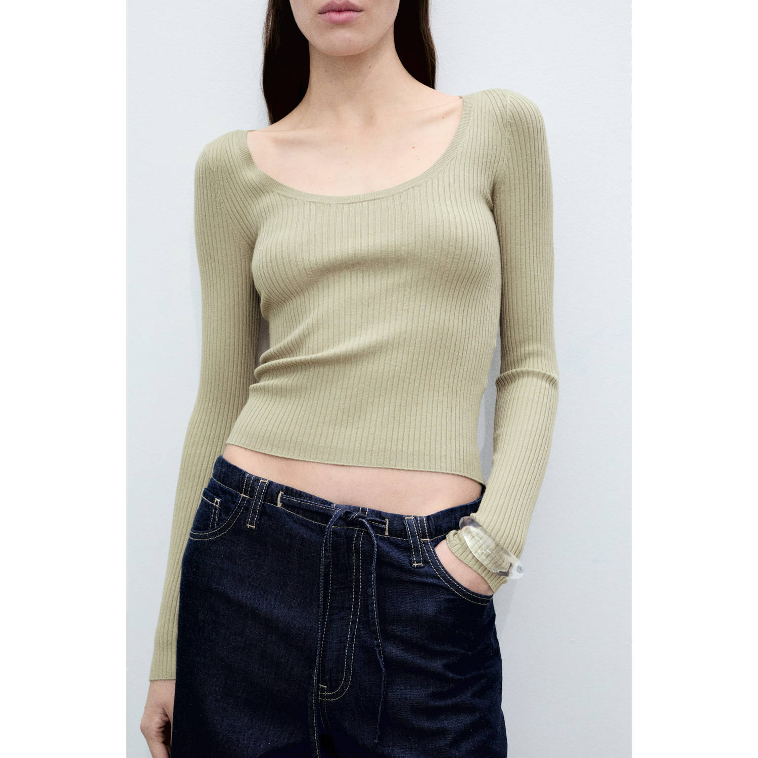 Mango top lichtkaki rib gebreid
