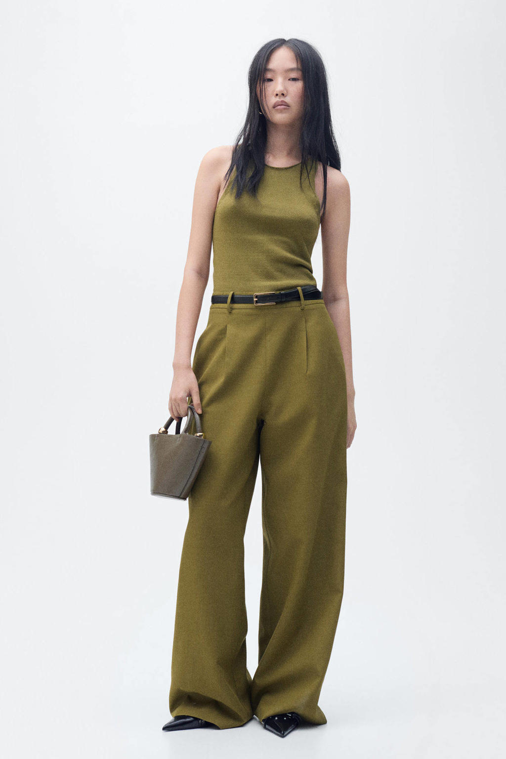 Mango wide leg jumpsuit kaki gebreid