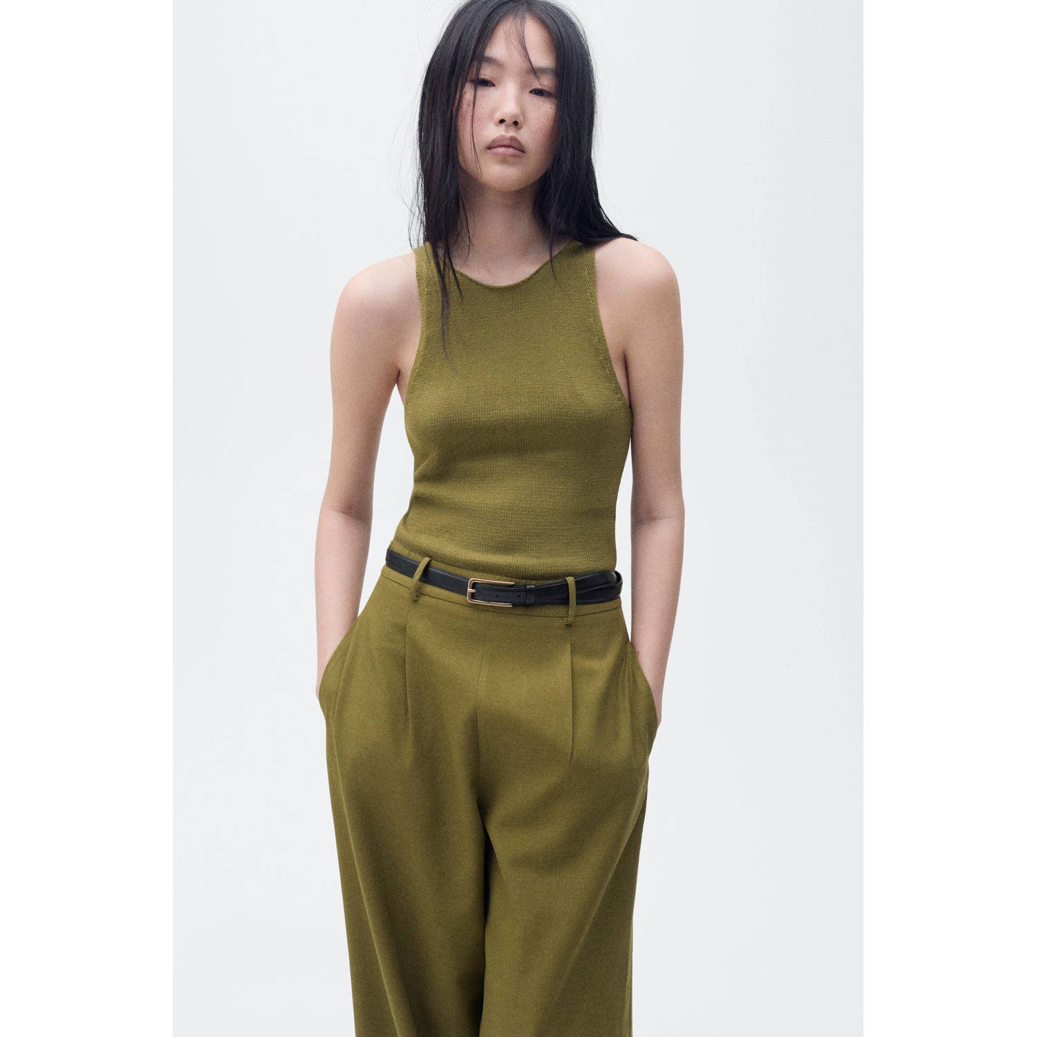 Mango wide leg jumpsuit kaki gebreid