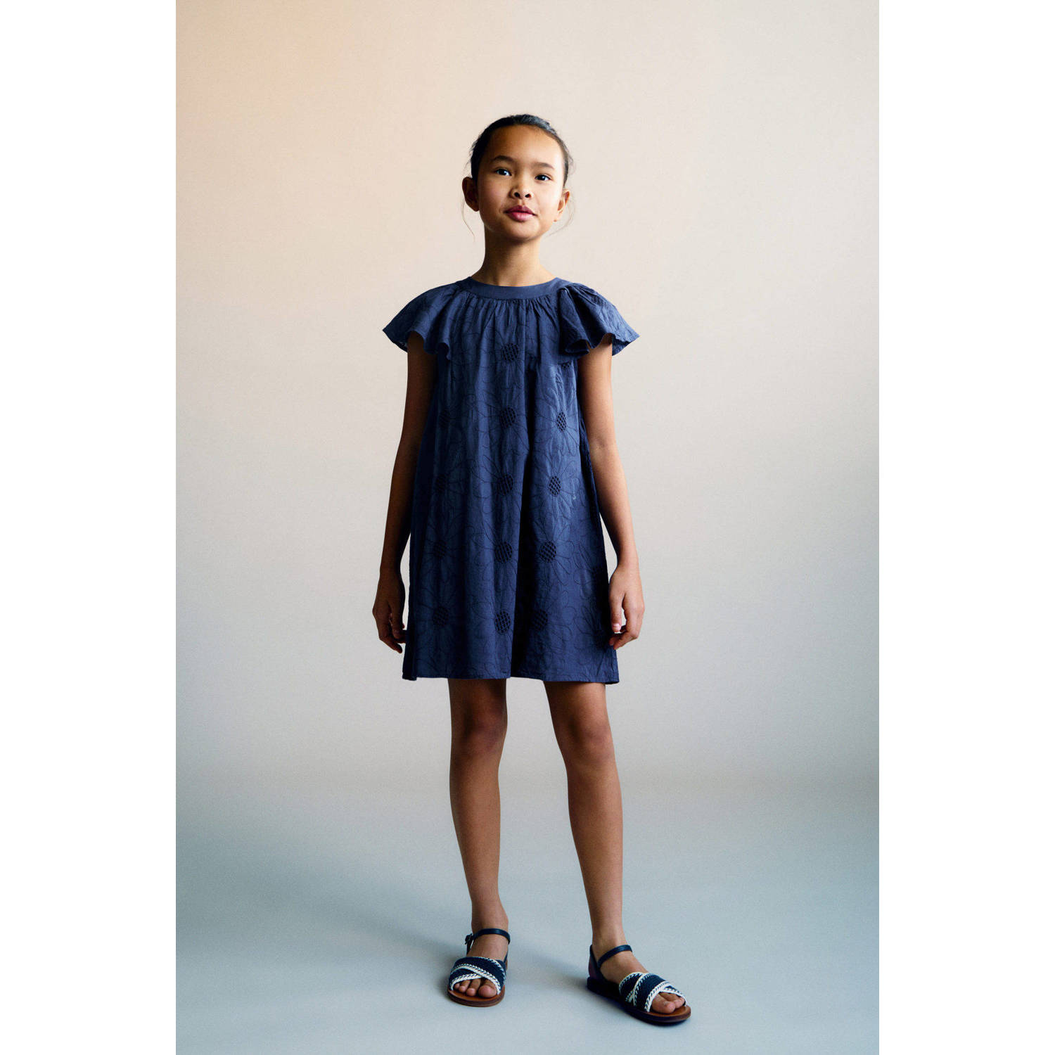 Mango Kids korte jurk broderie donkerblauw