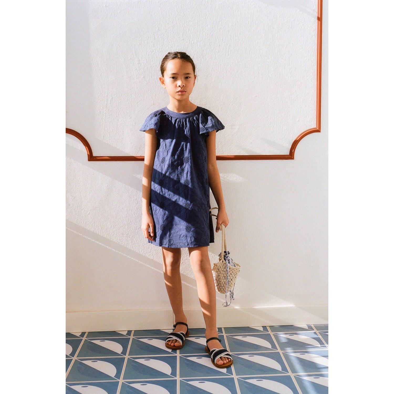 Mango Kids korte jurk broderie donkerblauw