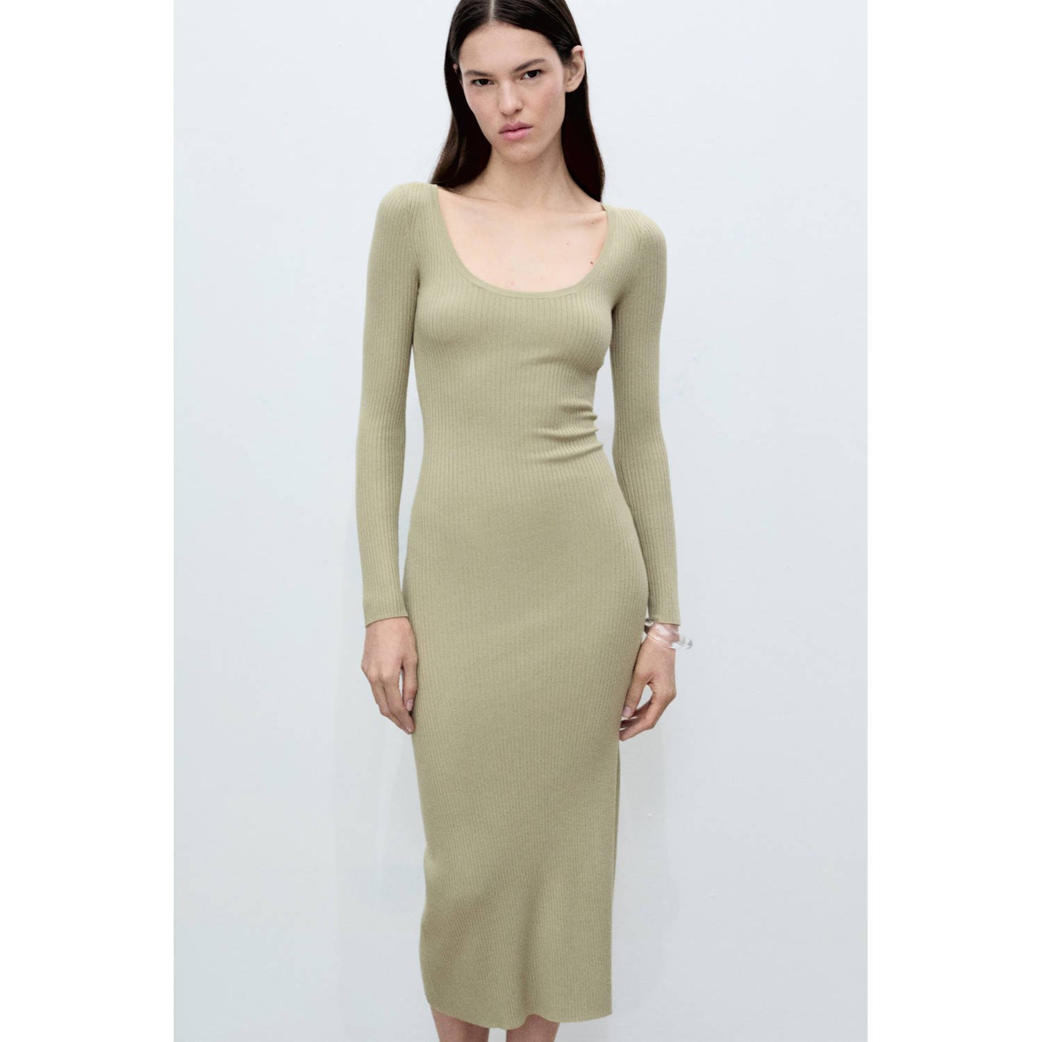 Mango midi jurk rib gebreid lichtkaki