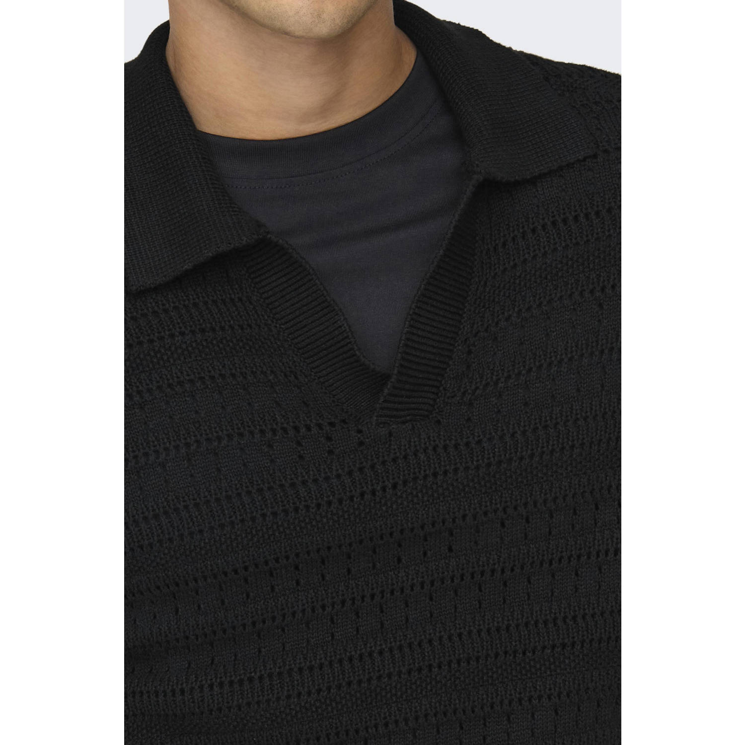 ONLY & SONS loose polo grof gebreid zwart