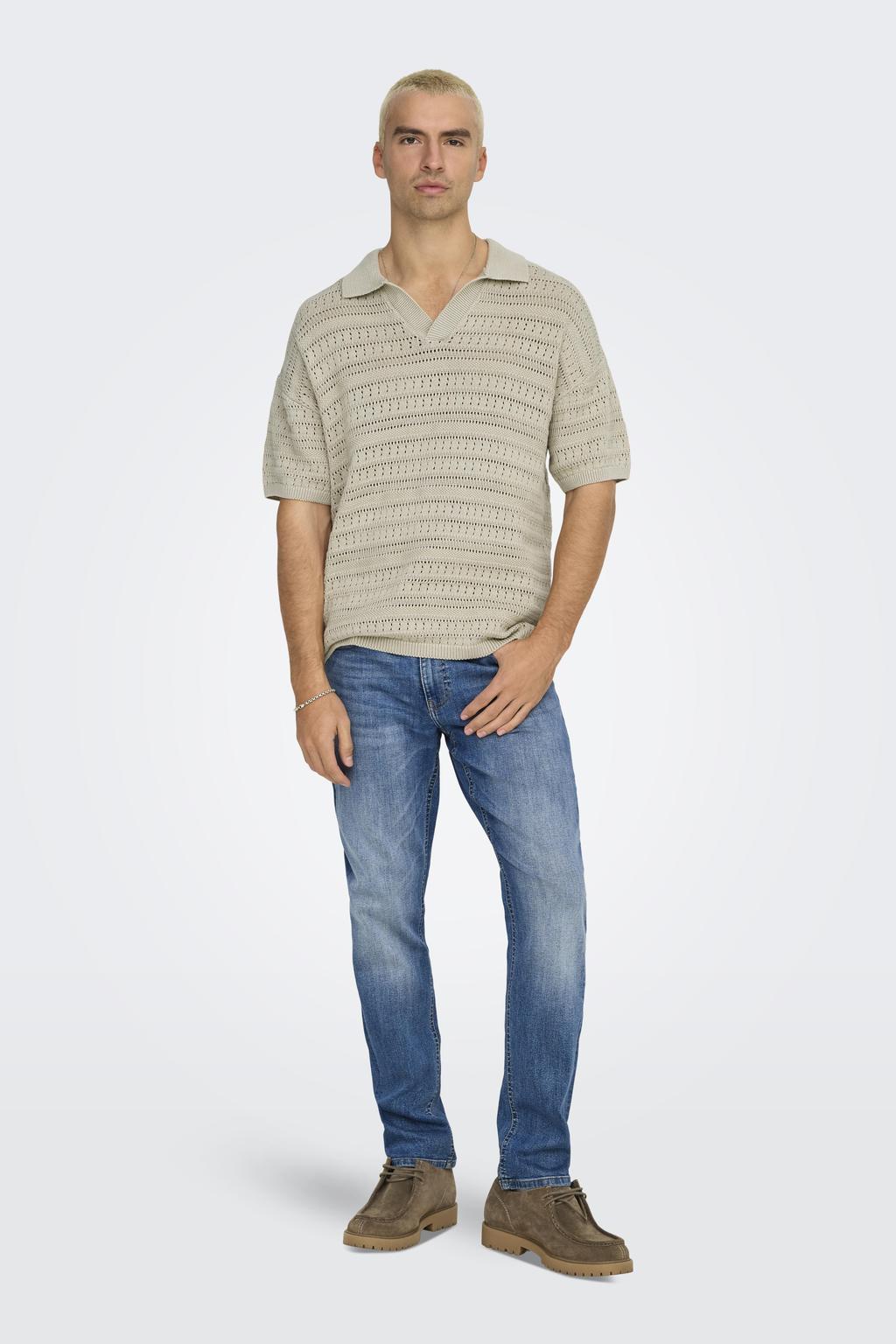 Beige heren ONLY & SONS loose polo grof gebreid van katoen met effen, korte mouwen en openvallende hals