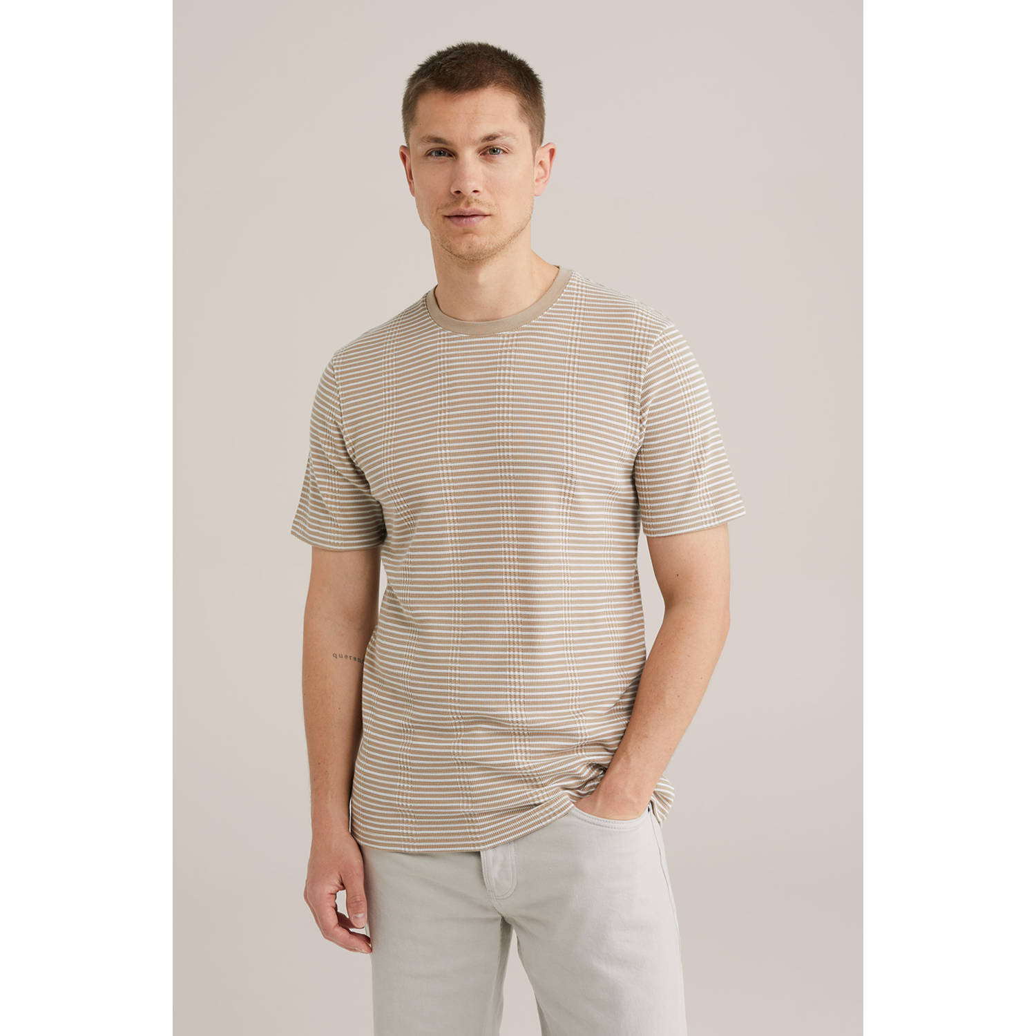 WE Fashion T-shirt met ingebreid patroon beige