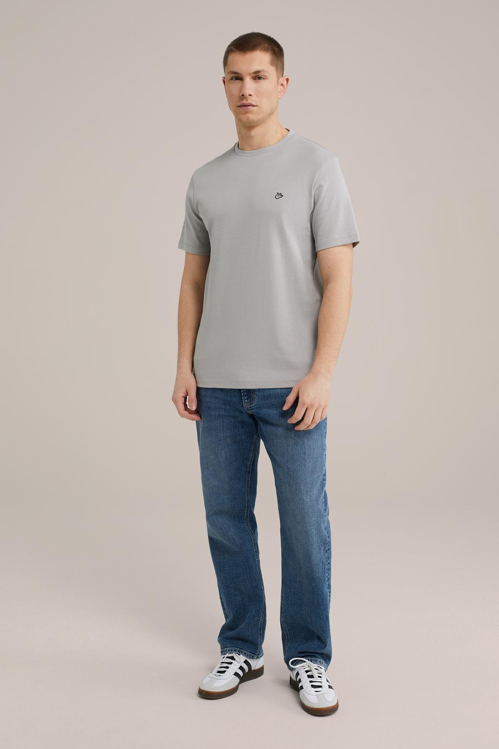 Grijze heren WE Fashion T-shirt van katoen met effen, korte mouwen en ronde hals