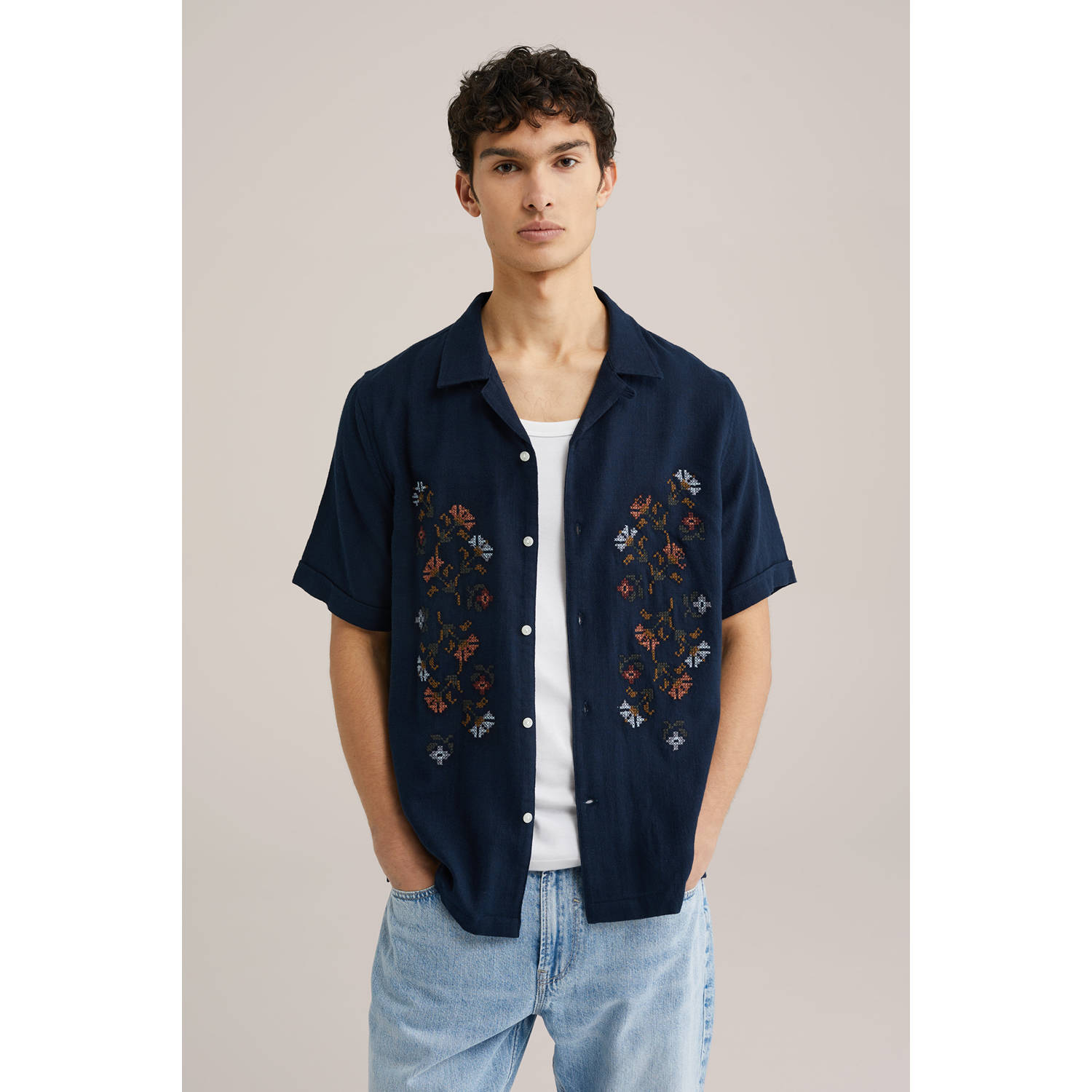 WE Fashion Blue Ridge casual overhemd donkerblauw