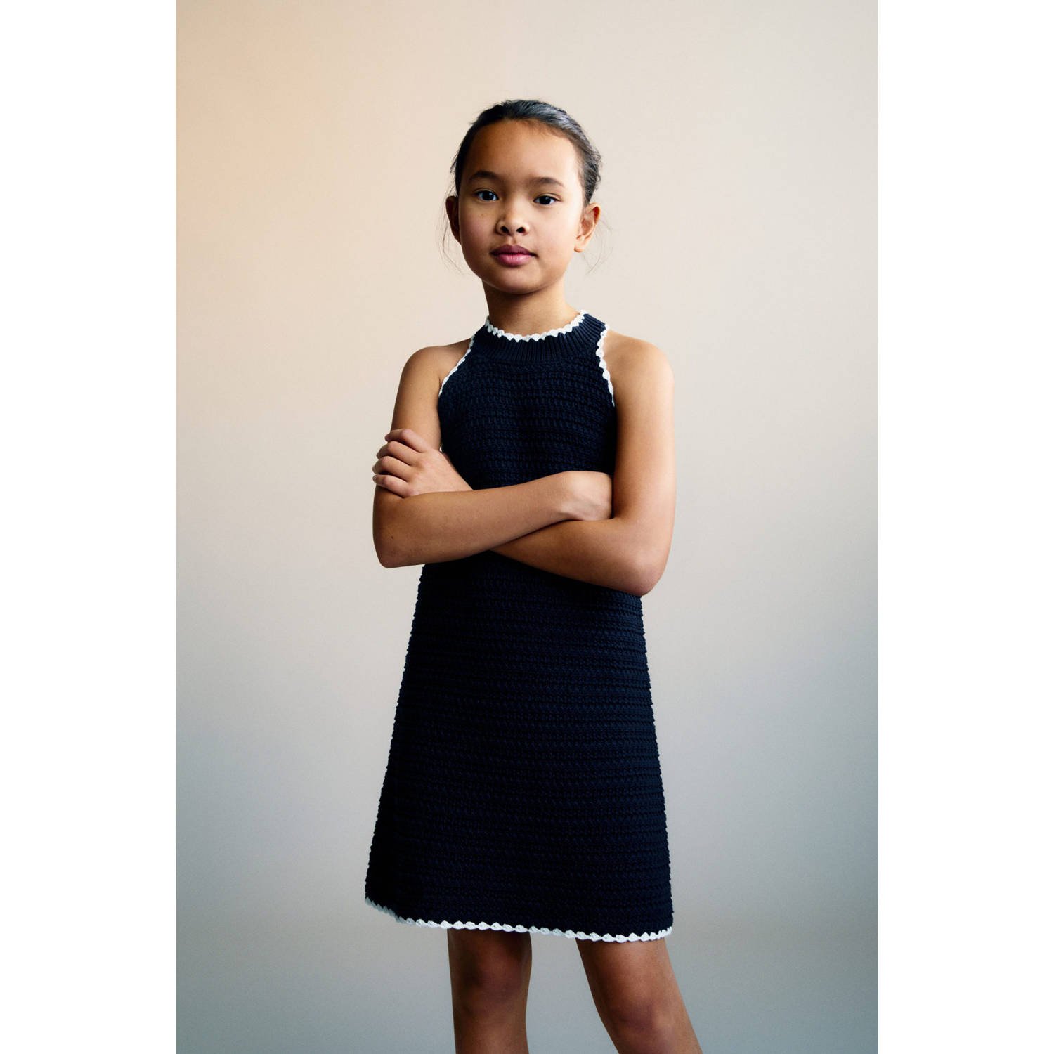 Mango Kids korte jurk gebreid donkerblauw