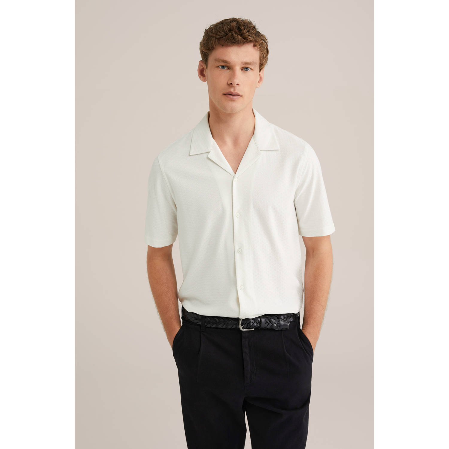 WE Fashion slim fit overhemd met ingebreid patroon porcelain melange
