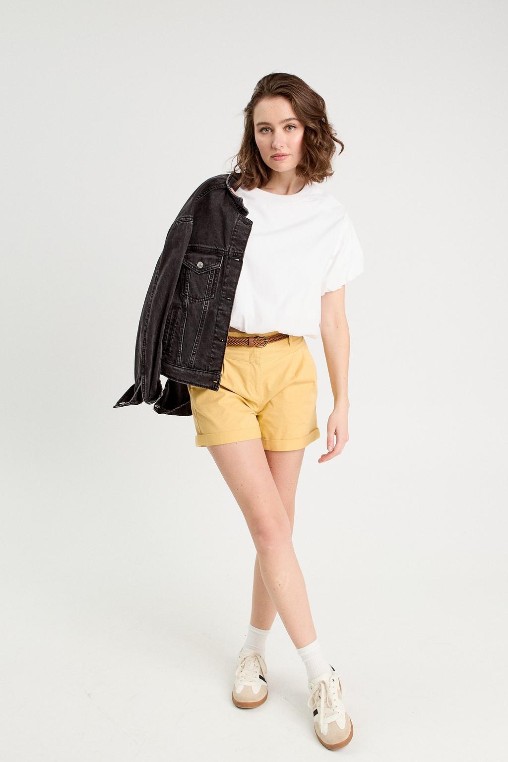 Lichtgele dames Cache Cache regular high waist casual short van katoen met rits- en knoopsluiting en effen