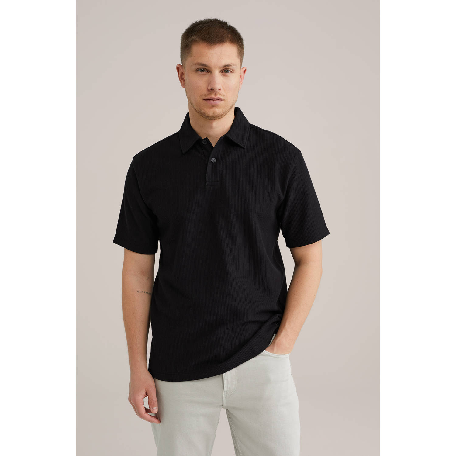 WE Fashion relaxed polo met ingebreid patroon zwart