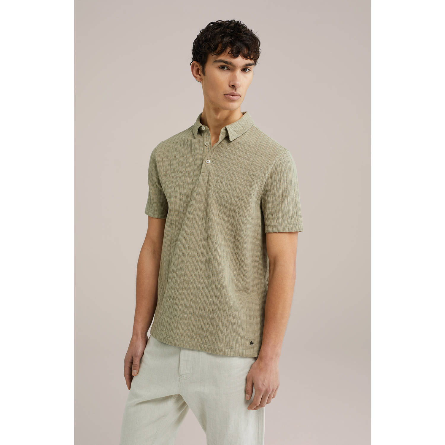 WE Fashion slim polo met ingebreid patroon lichtkaki