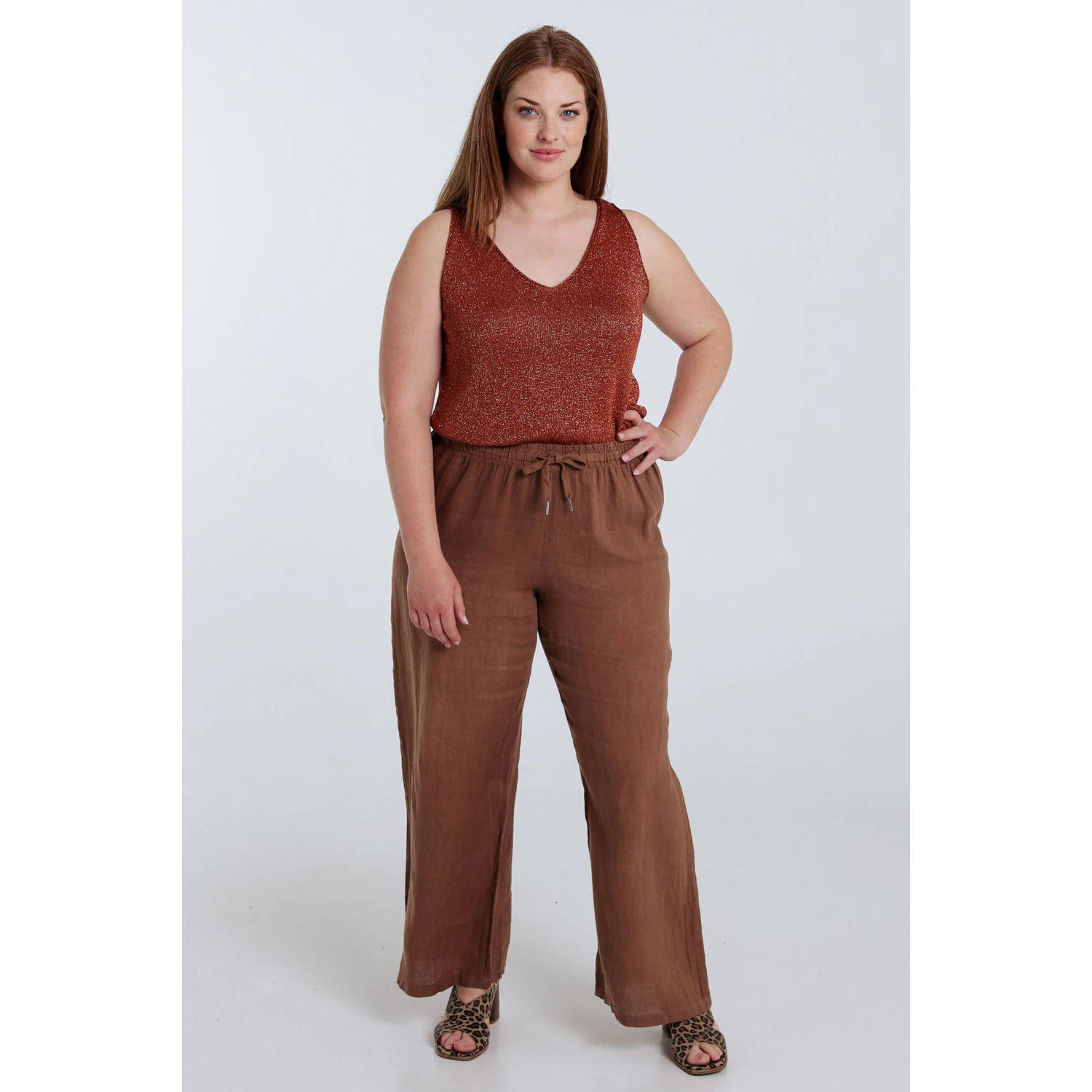 Paprika linnen wide leg regular waist broek bruin