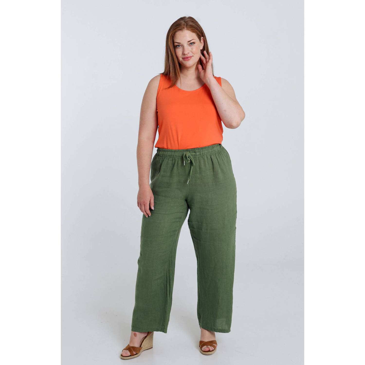 Paprika linnen wide leg regular waist broek olijfgroen