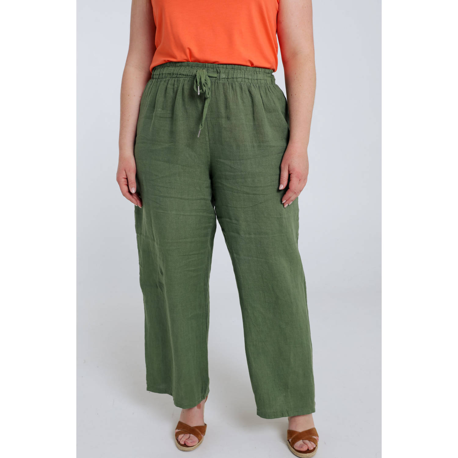 Paprika linnen wide leg regular waist broek olijfgroen