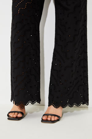 wide leg regular waist broek zwart broderie