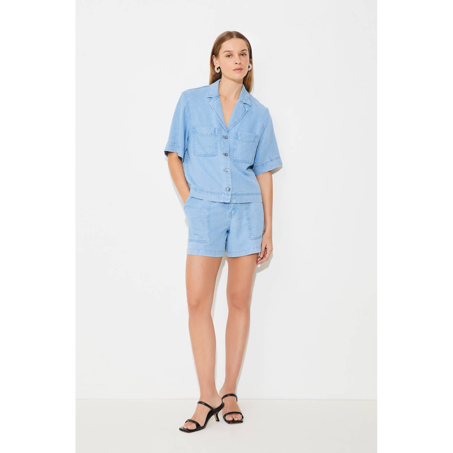 Suncoo wide leg high waist denim short light blue denim