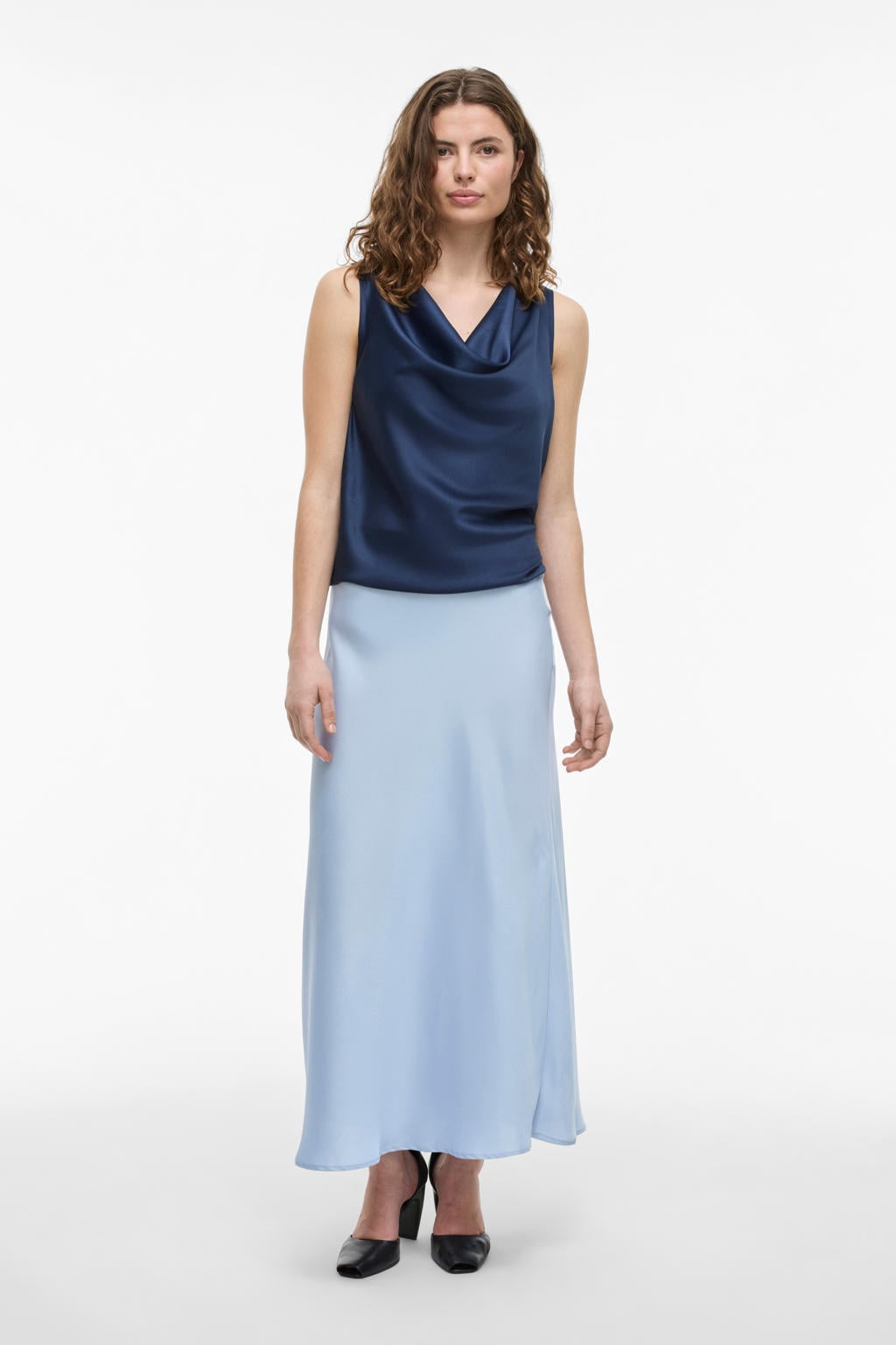 Lichtblauwe dames VILA midi rok gemaakt van polyester en met elastische tailleband