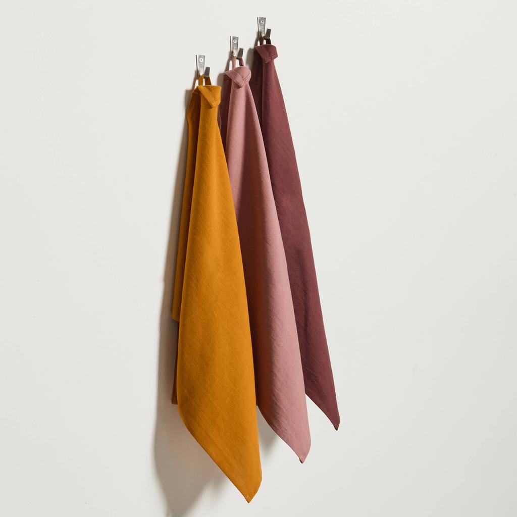 NOUS Living theedoek oker/oudroze/bruin (50x70 cm) (set van 3)