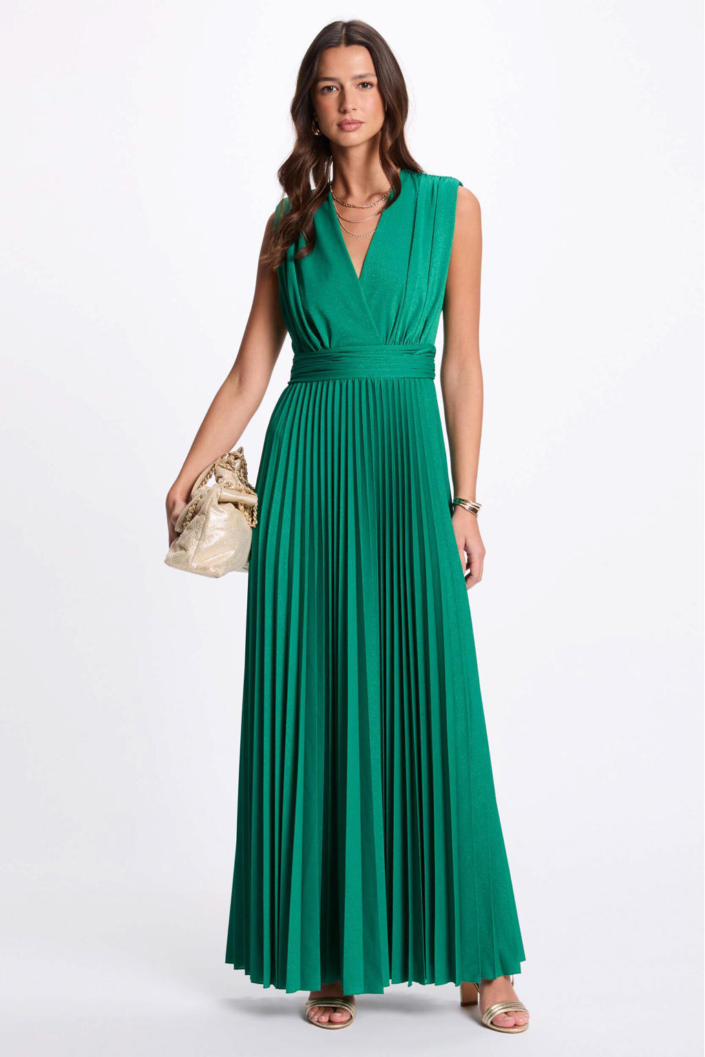 Groene dames Morgan maxi jurk van polyester met effen, V-hals, striksluiting en overslag detail