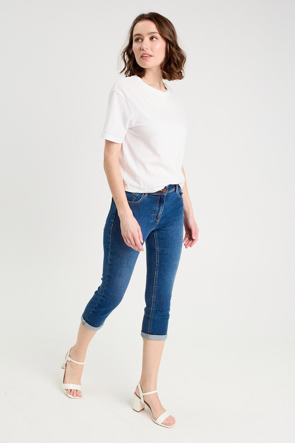 Dark blue denim dames Cache Cache high waist capri jeans rk blue met rits- en knoopsluiting en effen