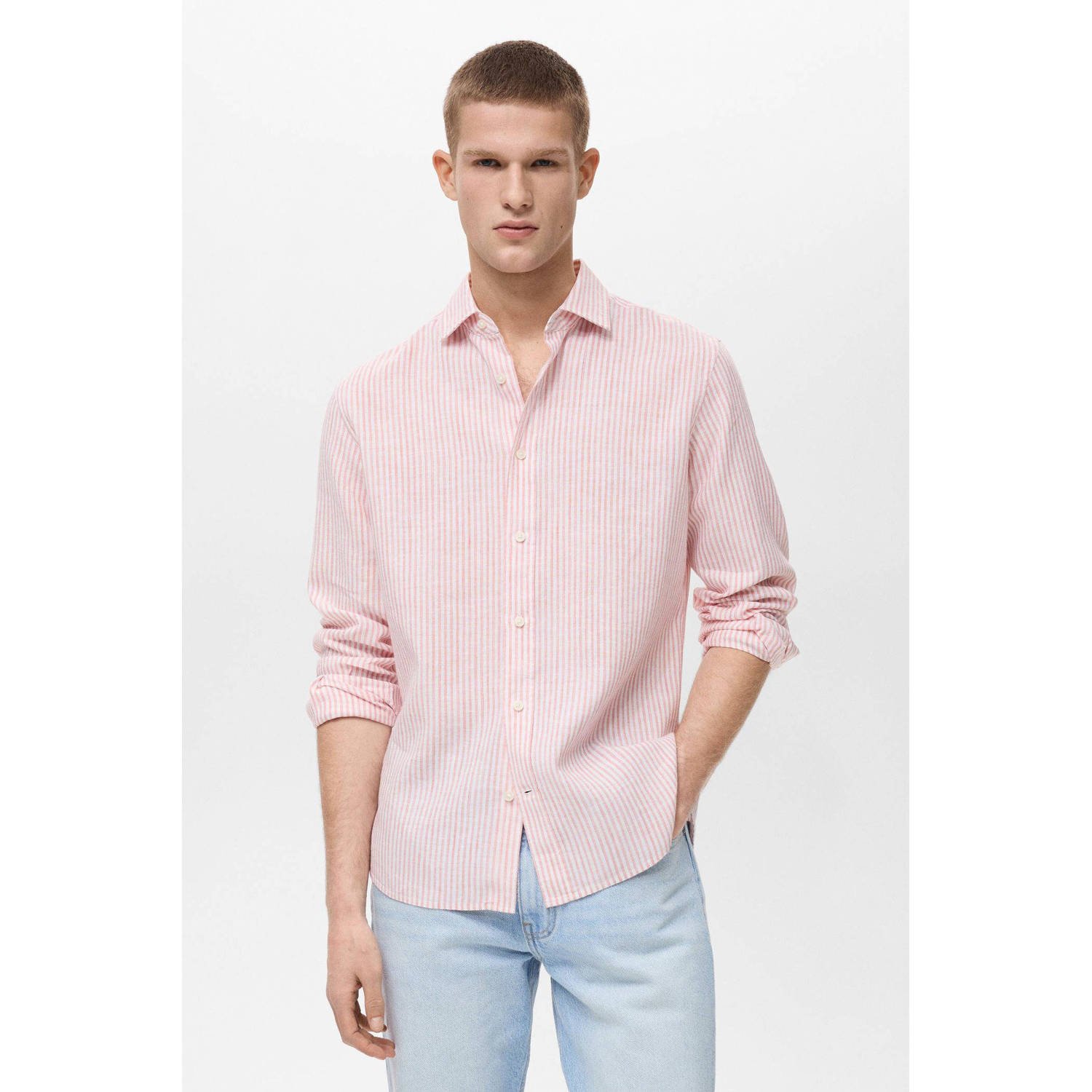 Mango Man linnen casual overhemd lichtroze